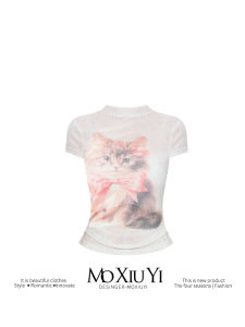 Sweet And Spicy Cat Print round Neck Short Sleeve Slim Fit Womens T-Shirt Waist Cinching Fashionable Casual Summer Top