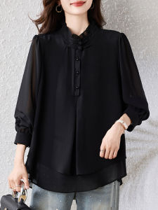 Black Splice Long Sleeve T-Shirt September Ink Road Stand Collar plus Size Womens Elegant Style Polyester Fiber Autumn Top