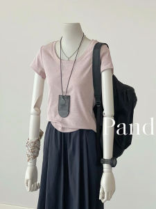 Cold Berry Pink U Collar Shoulder Silm Short Sleeve T-Shirt Womens Summer Stylish Niche Style Chic Big Neckline Figure Flattering T-shirt Tops