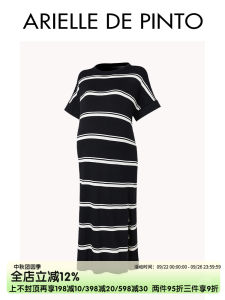 Arielle De Pinto Maternity Dress Summer Vintage Stripes Cuffed Sleeve Side Slit Midi Dress Casual round Neck Short Sleeve
