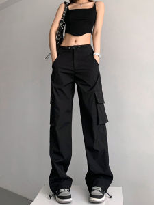 Black Street Style Loose Womens Work Pants Quick Dry Casual Trousers Autumn Winter Long Pants Wide Leg Paper Bag Pants