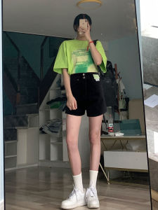 Black Denim Shorts Womens High Waist Summer Thin Plus Size Plus Size Ladies Loose Slimming Belly-Covered A- line Wide Leg Hot Pants