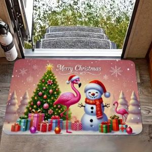 VIKAMA Christmas Cartoon Snowman Flamingo Entrance Mat Non Slip Water Absorbent Door Mat Holiday Decorative Carpet