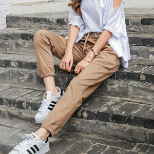 Khaki Color Womens Summer Thin Casual Harem Pants Nine Points Workwear Trousers Loose Fit Cotton Polyester Elastic Fiber