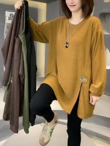 YILU | Plus Size Loose Style Open Slit Long Sleeve Tunic Sweater