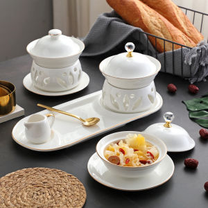 Phong Cách Châu Âu Sứ Bát Súp Có Nắp Đậy Cho Món Tráng Miệng Tổ Chim Cá Gelatin Nước Ngọt Bát Súp Có Đế Làm Nóng Cách Nhiệt