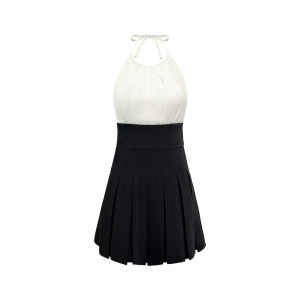 Black Slim Fit Flat Collar Sleeveless Side Cutout Color Block Dress