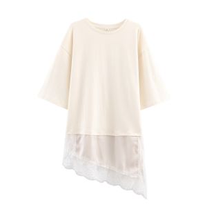 HH Women Vintage Solid Lace Patchwork T-Shirts Asymmetrical Hem O Neck Short Sleeve Shirt 2026 Trend High Street Lady Chic TEES