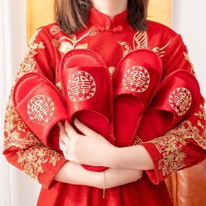 Double Happy Character Wedding Slippers Festive a Pair in Red Wedding Indoor Wedding Summer Cotton and Linen Sandals Soft Bottom All Year Round Dowry