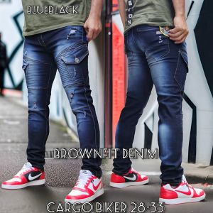 Celana Cargo Jeans Panjang Pria Bikers Garis Sobek Stretch Denim Melar Tebal Slimfit Skinny Size 28-33