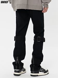 Adjustable Waistband Bell Bottom Black Casual Pants Mens Zipper Design Slim Fit Long Trousers Comfortable Loose Style Cotton