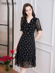 POEMLADY | French Ruffled V-Neck Black Polka Dot Chiffon Maxi Dress