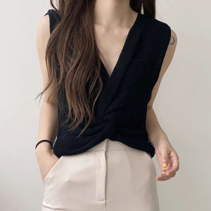 Áo Len Ngắn Kiểu Pháp Gợi Cảm Cổ Chữ V Xếp Ly Thiết Kế Gợi Cảm Áo Ba Lỗ Nữ Mùa Hè 2023 Áo Khoác Ngoài Màu Trơn