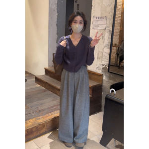 Quần Ống Đứng Màu Xám Thanh Lịch Cho Nữ Mùa Thu Phong Cách Mới Quần Dài Ống Rộng Cạp Cao Cạp Cao Quần Dài