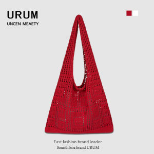 กระเป๋าสะพายไหล่แบบถักด้วยมือสีแดง URUM กระเป๋าถือแบบมีซิป กระเป๋าใต้วงแขน กระเป๋าสะพายข้างแบบยูนิเซ็กซ์ ทรงถุง