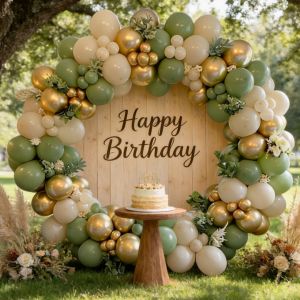 130-Piece Sage Green and Gold Balloon Arch Decoration Set Including Sage Green Sand Color White and Gold Balloons Suitable for Bridal Showers Birthday Parties Engagement Parties Birthday Celebrations and Christmas Decorations.