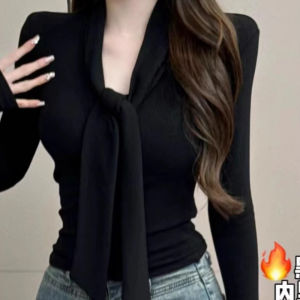 Black Slim Fit Long Sleeve T-Shirt Womens Spring Autumn Short Style V-Neck Korean Version Pure Color Commute Suitable