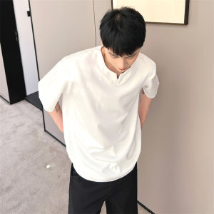 Artistic Henry Shirt Loose Short Sleeve V-Neck T-Shirt for Men Trendy Half Sleeve Top Youthful Summer Fashion Pure Color
