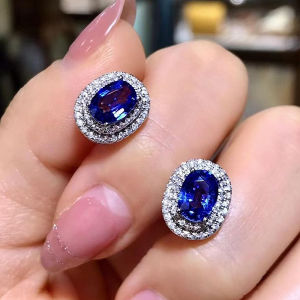 Huitan Sparkling Blue/White CZ Stud Earrings Simple Oval Shape Elegant Womens Ear Piercing Accessories Wedding Party Jewelry