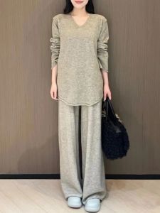 Autumn Winter Womens Fashion Knitted Sweater V-neck Long Sleeve Pullover Falling Wide Leg Pants Two Piece Sets Womens Outifits