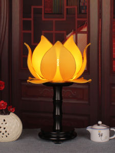 Classical Chinese Lotus Lamp Wooden Body Buddha Hall Offering Lamp Zen Atmosphere Long Burning Lamp for Living Room Bedroom