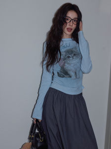 Blue round Neck Cat Print Slim Fit Long Sleeve T-Shirt Korean Style Commute Fashion Womens Knitted Wear for Young Girls