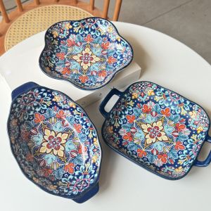 Bohemian ceramic plate set double-eared fish plate household steamed fish plate high-value salad plate cooking plate