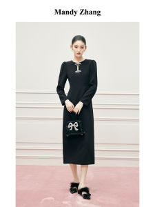 Elegant French Bow Waist Cinching Puffy Sleeve Dress