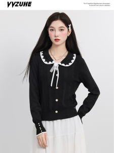 Autumn New Long Sleeve Knitted Open Cardigan T-Shirt Youthful Doll Collar Design Sensation Niche Belted Color Block Slim Fit Top