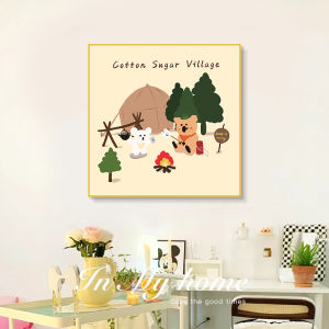 Creamy Woodland Childrens Room Bedroom Wall Art Cartoon Bear Living Room Dining Room Decorative Painting Modern Framed Print