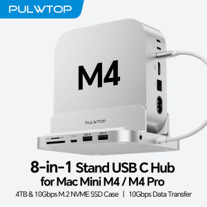 PULWTOP Vertical Mac Mini M4 Dock with 4TB SSD Enclosure USB A/C 10Gbps USB A 2.0 SD/TF Audio for Mini M6 M5 Pro M4/M4 Pro