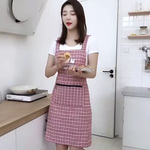 ผ้ากันเปื้อนPlaid ผ้ากันเปื้อนพร้อมกระเป๋าซิปขนาดใหญ่ สวมคอรูปตัวH สไตล์ญี่ปุ่น ผ้าฝ้ายลินิน พร้อมส่งไวจากไทย