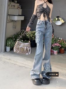Quần Jeans Denim Ống Thẳng Cạp Cao Thêu Bướm Cỡ Lớn Quần Dài Dài Đến Sàn Thời Trang Cho Nữ Mùa Thu
