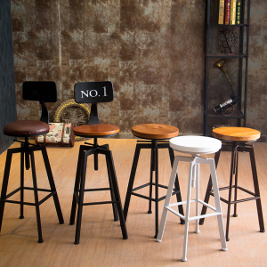 Industrial Style Iron Art Bar Chair Rotating Bar Stool Home Use Height Adjustable Counter Chair Solid Wood High Leg Chair
