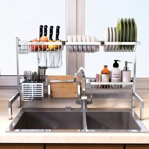 Stainless Steel 304 Kitchen Sink Dish Drainer Rack Portable Bowl Holder Knife Storage Shelf Two Layers Home Use Utility Rack