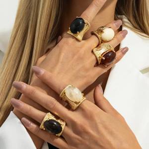 KunJoe 5 Colors Luxury Elliptical Acrylic Chunky Open Rings for Women Vintage Geometric Golden Adjustable Wide Knuckle Ring Gift