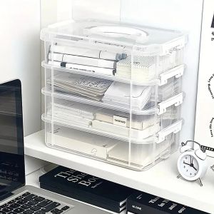 กล่องเก็บของพลาสติกใสวางซ้อนกันได้ 4 ชั้นพร้อมฝาปิด - เหมาะสําหรับการจัดระเบียบบ้านและสํานักงานเหมาะสําหรับเครื่องเขียนและของจิปาถะ
