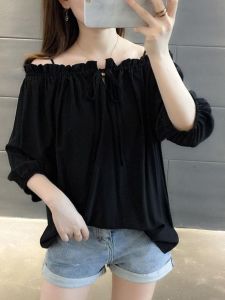 เสื้อเชิ้ตผ้าชีฟองแขนสั้นเปิดไหล่สไตล์เกาหลีหลวมๆ ลำลองสำหรับฤดูร้อน เสื้อผ้าทำงานผู้หญิง สไตล์เกาหลี คอวี ทรงหลวม แขนสั้น