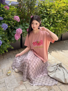 MASISI | Plus Size Cherry Print Short Sleeve Plaid Skirt Set for Summer Slim Fit