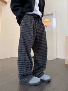 American Retro Plaid Mens Spring Autumn Trendy Loose Wide Leg Sweatpants Lazy Style Straight Tube Drape Casual Pants