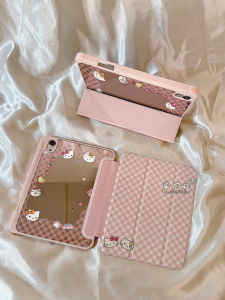 Cartoon Pink White Grid KT iPad 11th Generation Protective Case 2025 New AIR5/6 Mirror Mini7 with Pen Slot Pro13 Anti-Bend Drop 10.9 Inch Three-Fold Womens Model