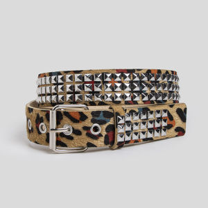 Punk Pink Fur Rivets Belt Fashionable horsehair studded Y2K leopard print belt Girdle Goth Retro Brown Pin Buckle Pu Waistband