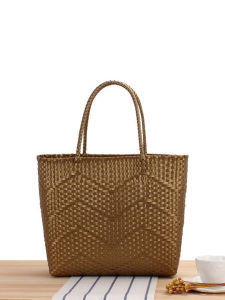 Large Capacity Pure Color Woven Tote Bag Wave Pattern Handheld Single Shoulder Shopping Bag Fresh Sweet Style Casual Scene