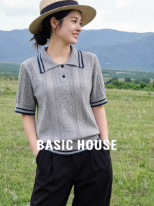 Basic House | Gray Hollow Out Wool Short Sleeve Knit Polo Shirt