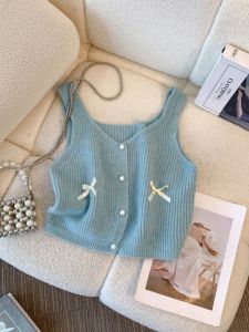 เสื้อกั๊กถักนิตติ้งสั้นสีพื้นแขนกุดคอเหลี่ยมสำหรับผู้หญิงไซส์ใหญ่ ฤดูใบไม้ร่วง 2025 แฟชั่นสตรีท ทรงเข้ารูป ทรงเข้ารูป