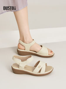 Fashionable Casual Womens Sandals Summer 2025 Magic Tape Buckle Middle Heel Elegant PU Material round Toe Glue Stick Shoe