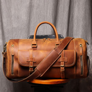 Handcrafted Leather Suitcase Travel Gym Bag Mens Top Layer Cowhide Handbag Fashionable Business Trip Durable Shoulder Bag