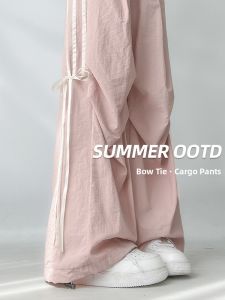 Pink Bow Tie High Waist Wide Leg Workwear Pants Womens Summer Thin Design Quick Dry Korean Style Commute Nylon Fiber Pants