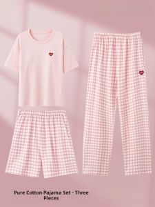 MiiOW | Pure Cotton Three-Piece Pajama Set Womens Short Sleeve Round Neck Home Clothes Summer New Style MiiOW Cat Person Sleepwear