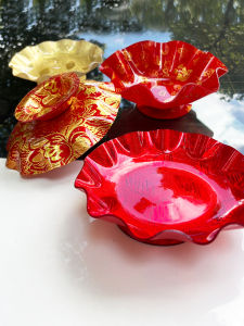 Acrylic Fruit Tray Candy Nut Bowl with Stand Base Chinese Style Lotus Shape Red Color Vintage Retro Home Use Serving Plate
